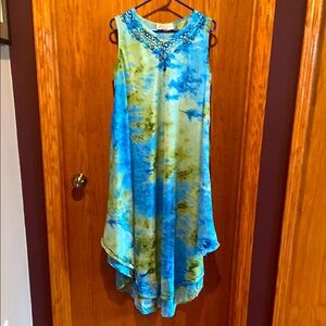 Elegant Blue and Green Sleeveless Dress, Caftan or Cover up. Many variations.